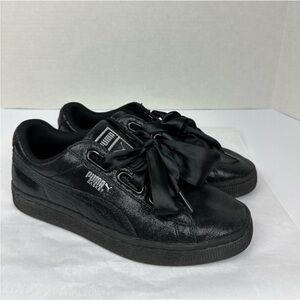 Puma Basket Heart Black Sneakers Sz 8 Women Satin Ribbon Lace Classic